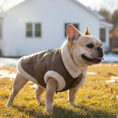 LUVMOJO retro aviator dog jacket open-zipper view for easy on/off during playtime.