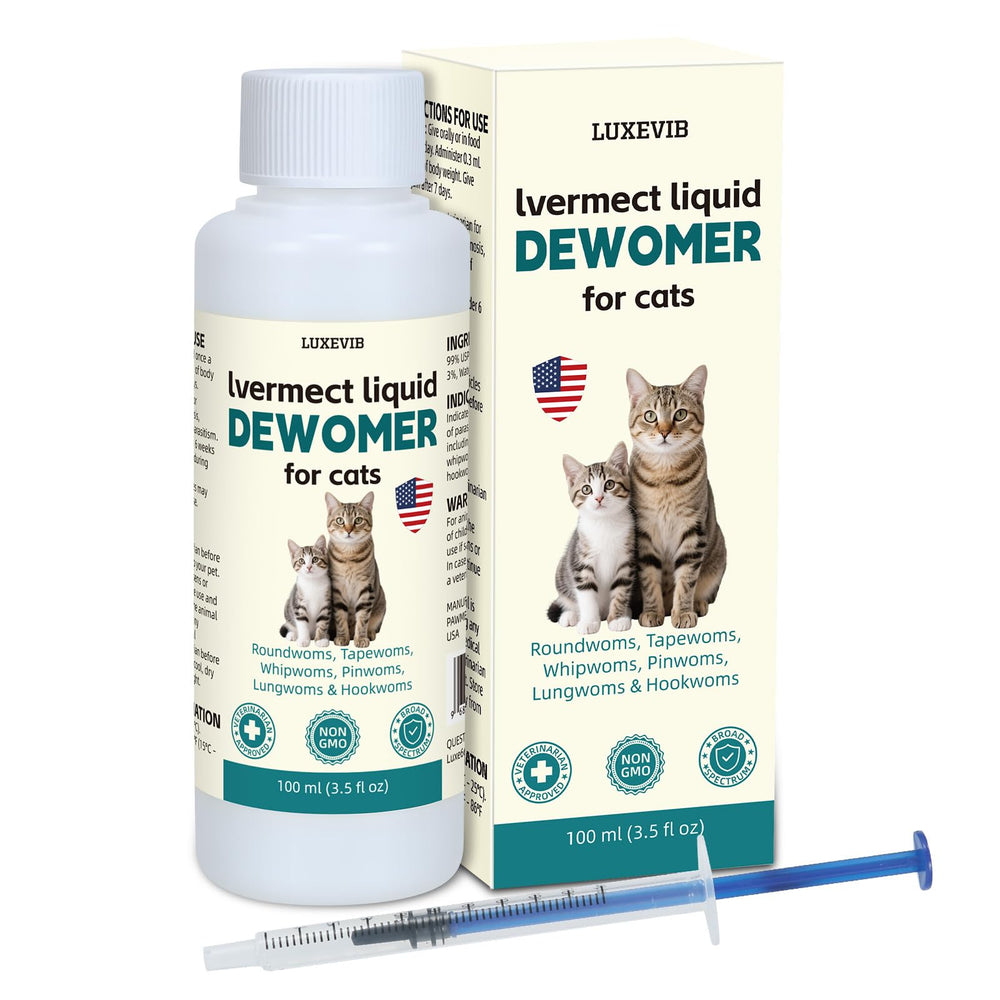 LuxeVib lvermect liquid for cat bottle on counter supporting gentle daily digestive balance.