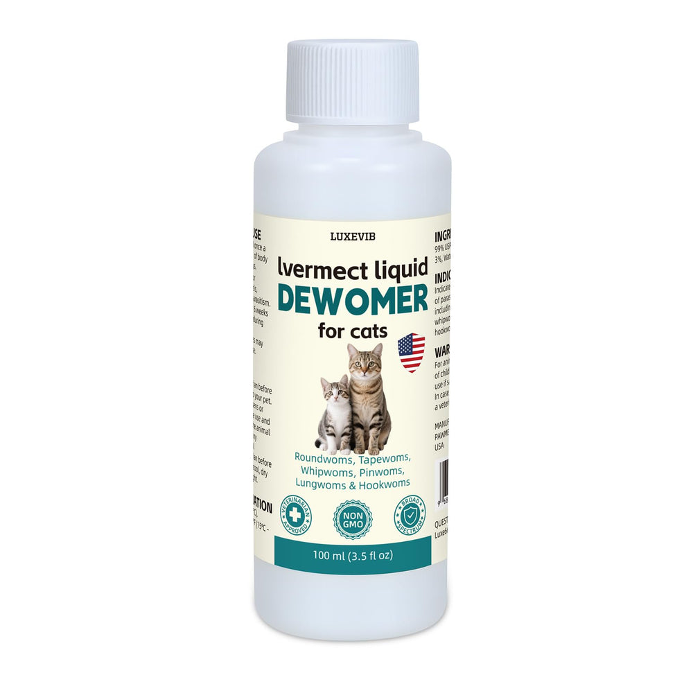 LuxeVib lvermect liquid for cat packaging box open highlighting user-friendly formula.