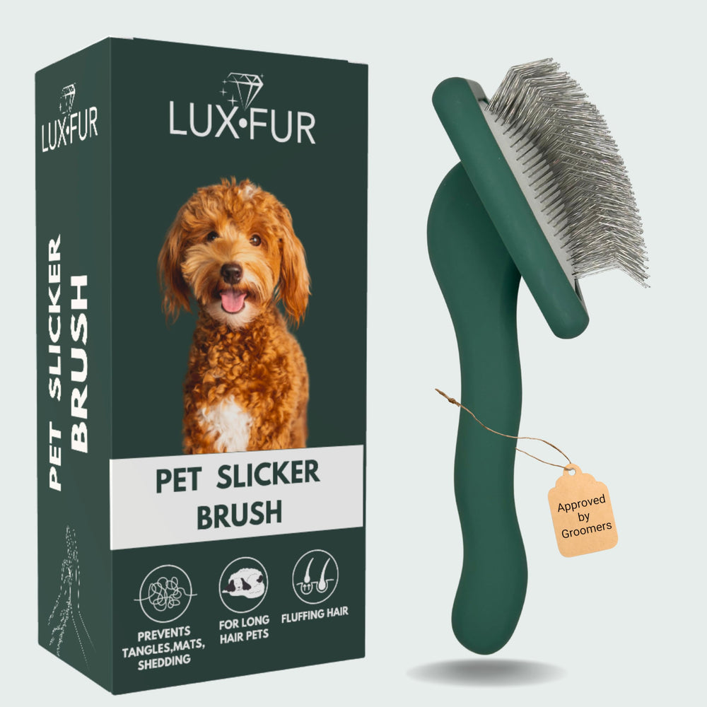 LUXFUR Premium dog slicker brush with ergonomic wood handle for comfortable grooming sessions.