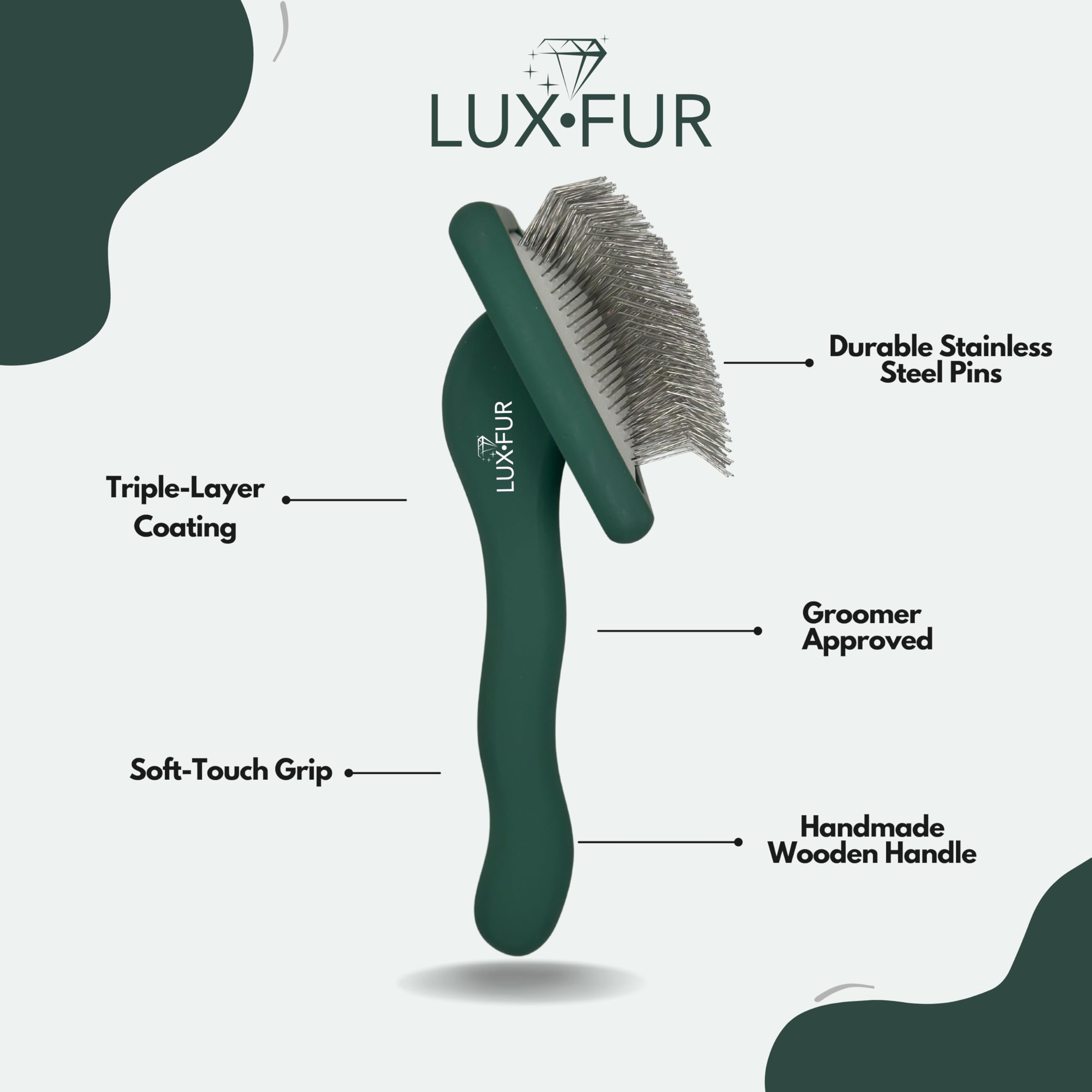 LUXFUR Premium dog slicker brush professional grooming tool for salon-like results at home.
