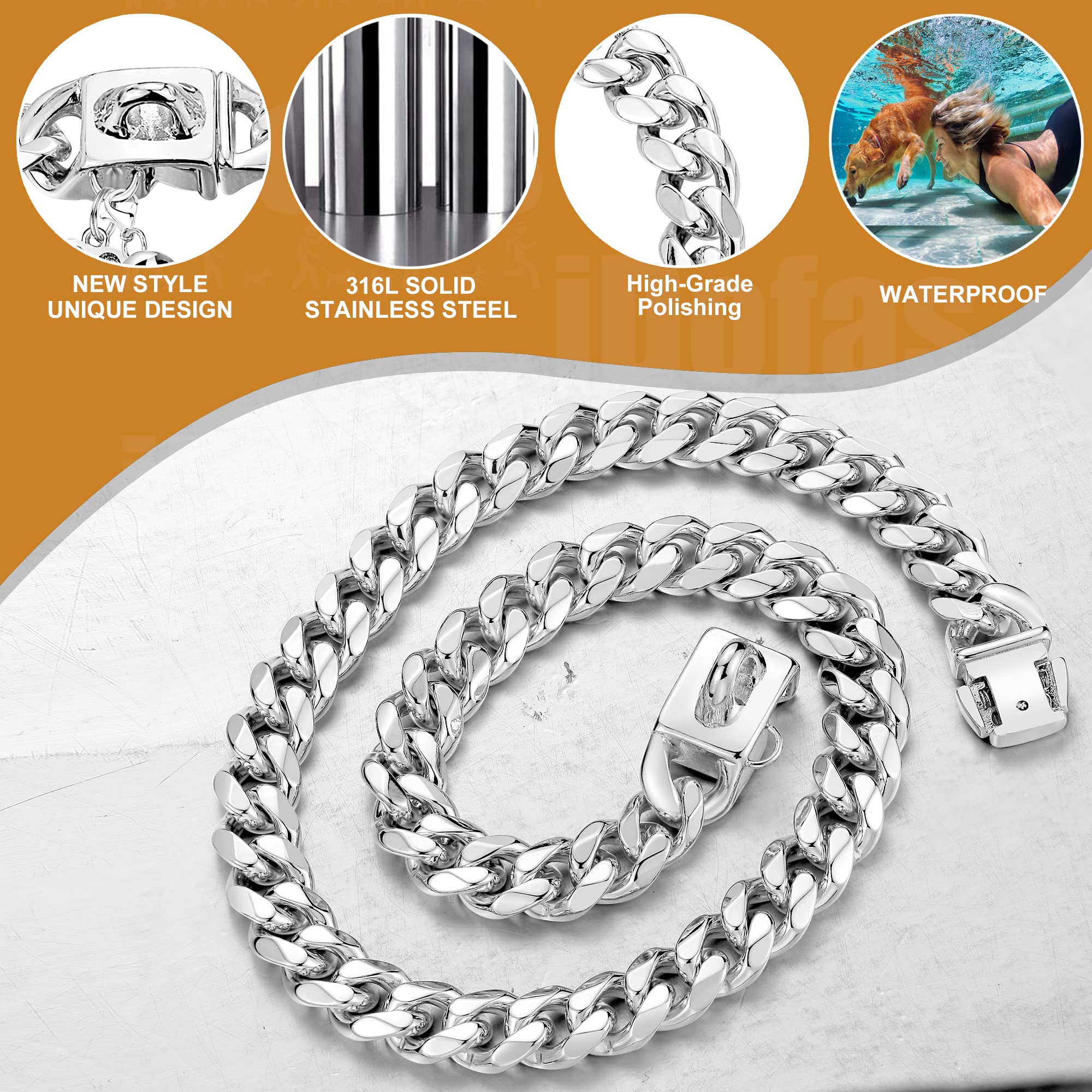 LuxLife 12mm silver Cuban Link dog collar shows bright polished finish for daily wear.
