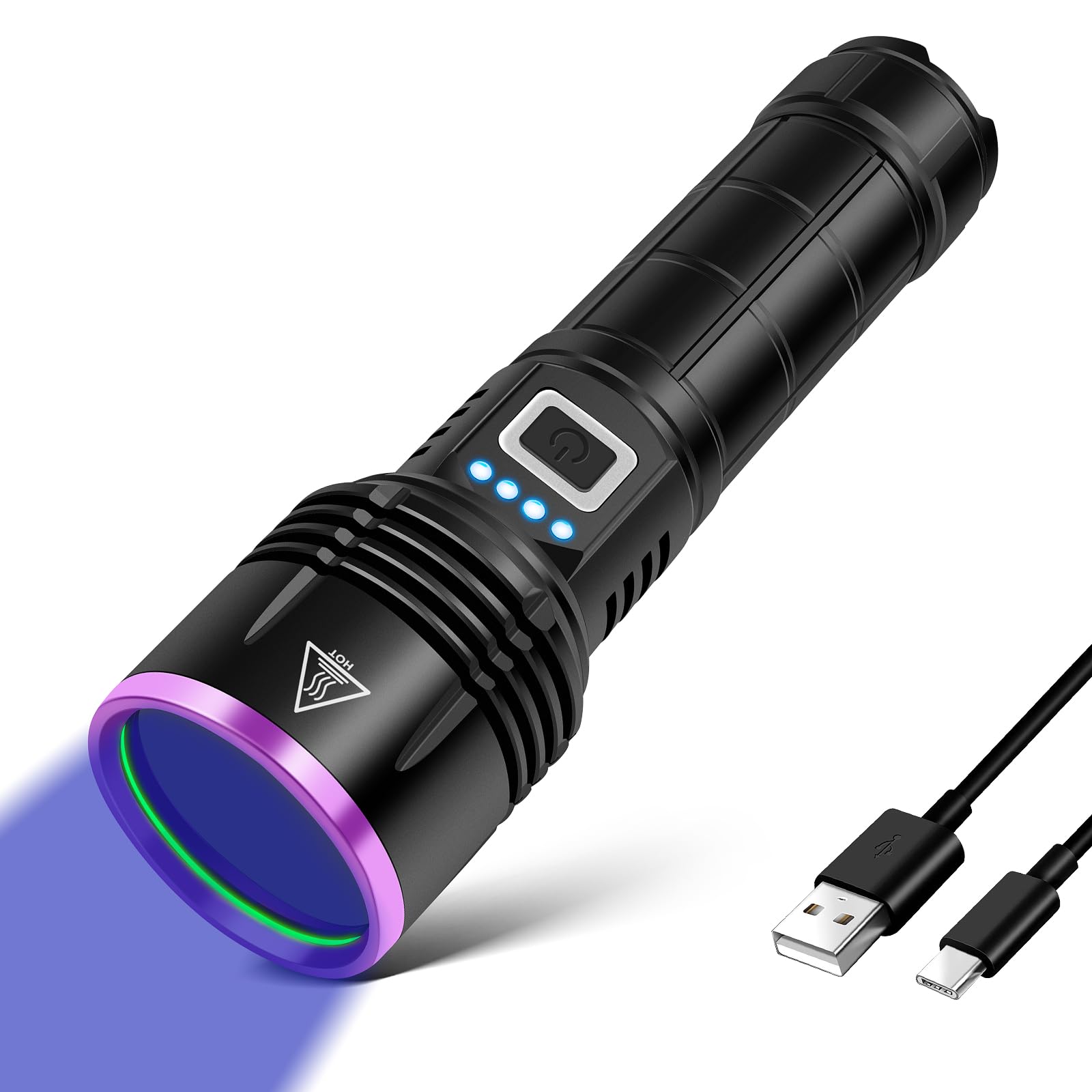 LUXNOVAQ UV flashlight front view shows high power 365nm output aiding stain detection.