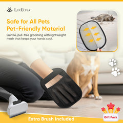 LuxUltra glove closeup shows electrostatic action lifting lint from fabric.