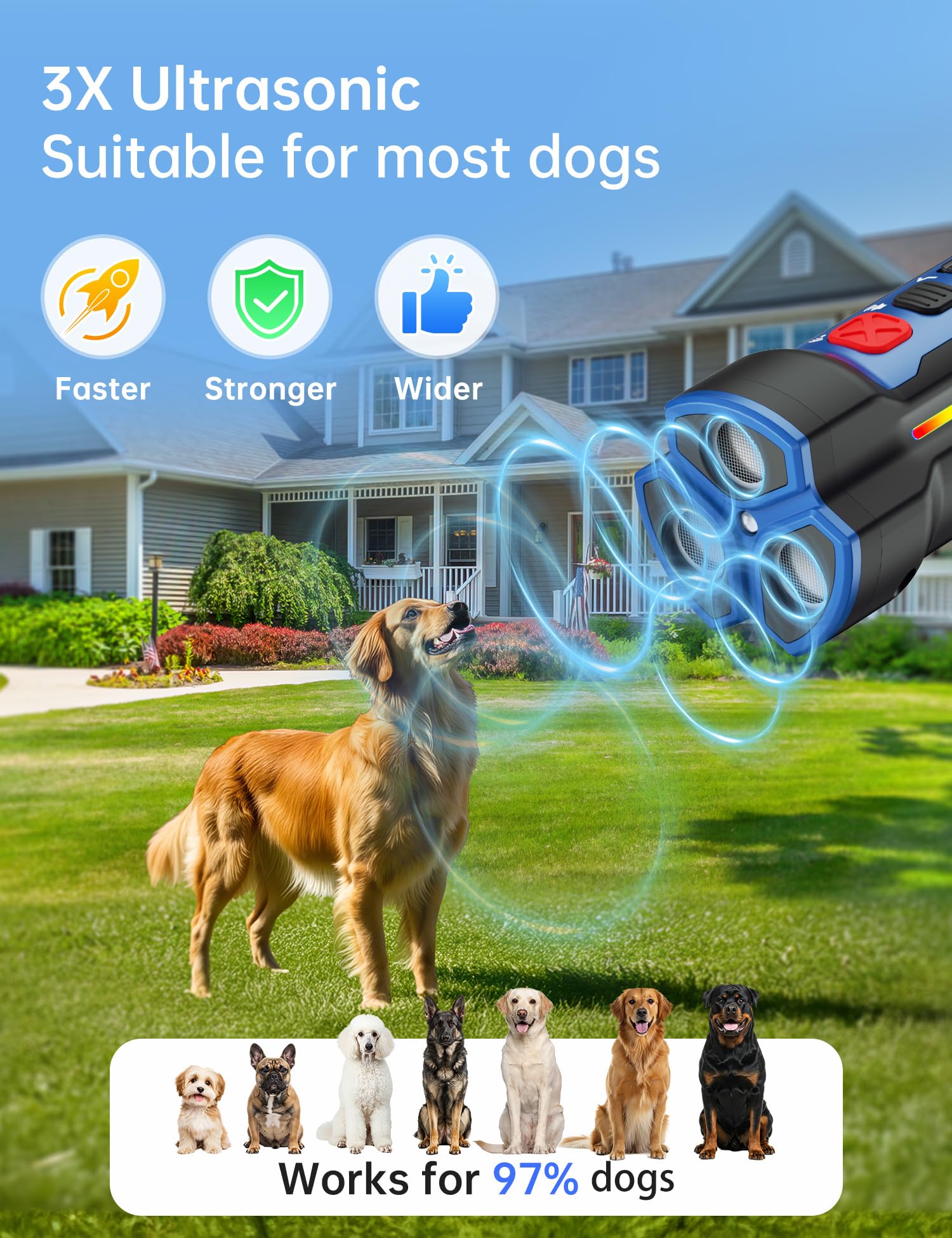 LVPRN 3X Pro bark deterrent top-angle view highlights dual-mode controls for easy setup