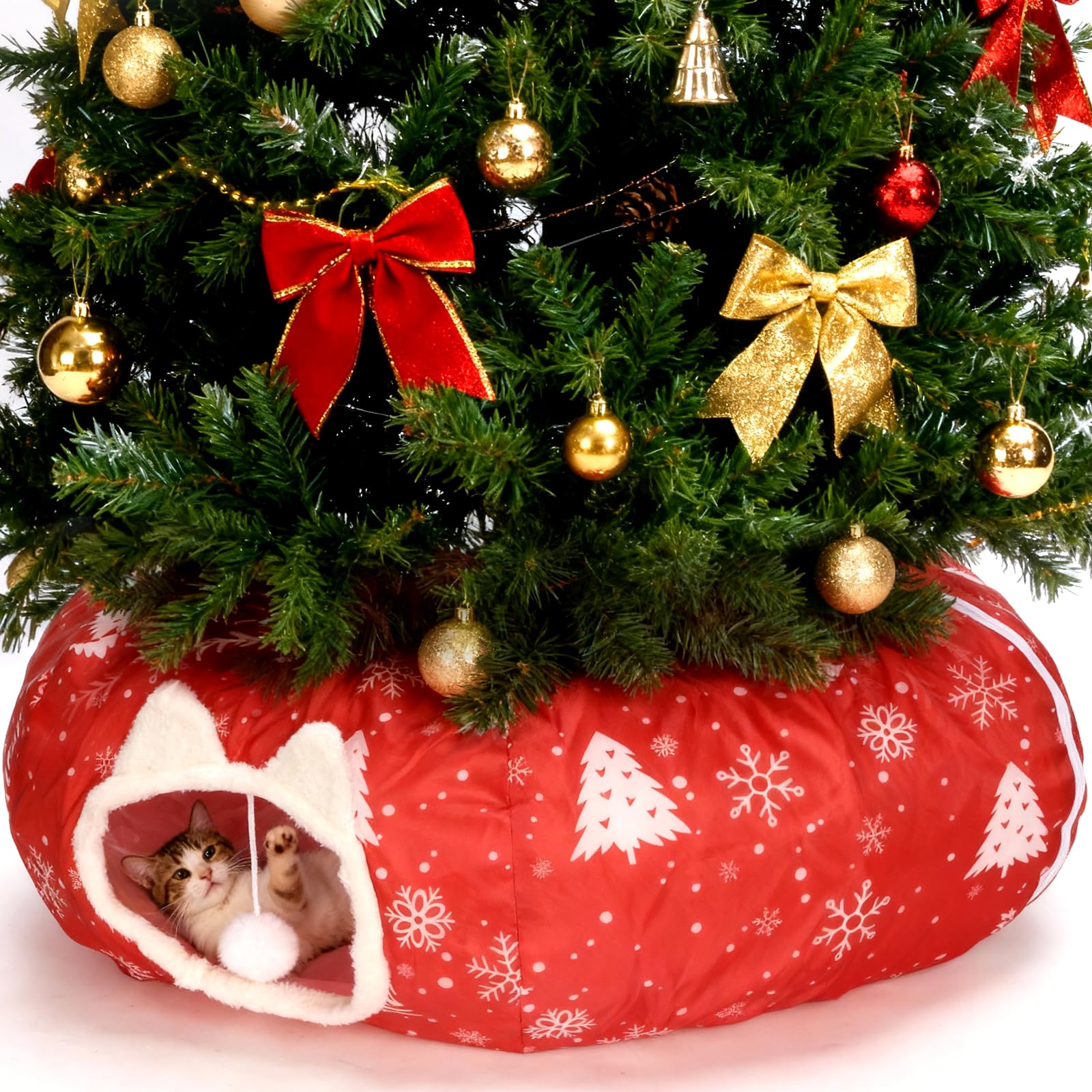 LVUVXVAV cat tunnel bed under Christmas tree combines decor with cozy hiding space.