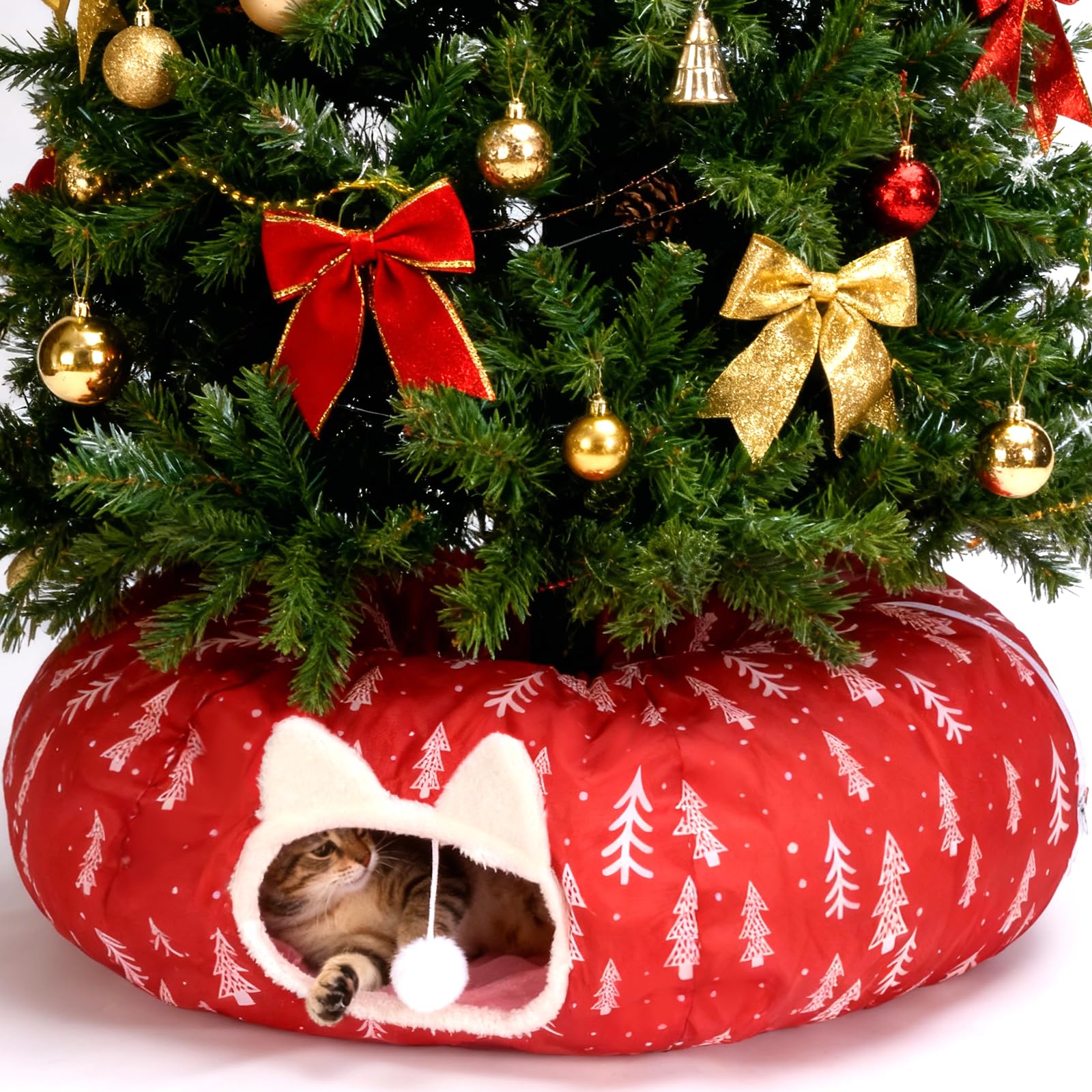 LVUVXVAV cat tunnel bed outer view under Christmas tree for festive play space