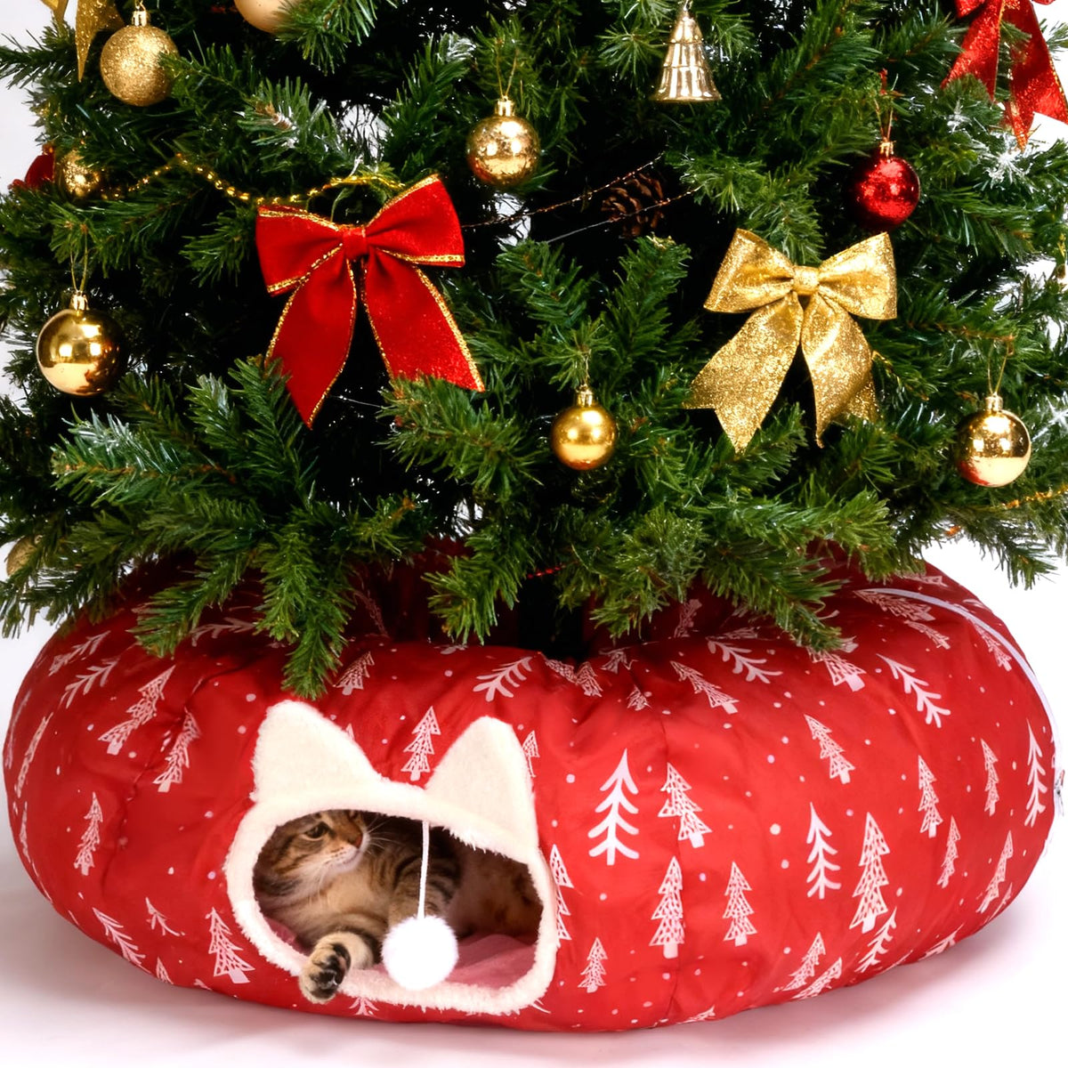LVUVXVAV cat tunnel bed outer view under Christmas tree for festive play space