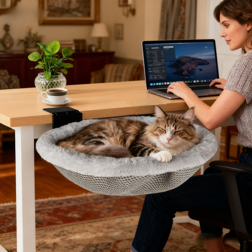 L&W BROS Cat Desk Bed mounted on desk shows stable, 50 lb capacity.