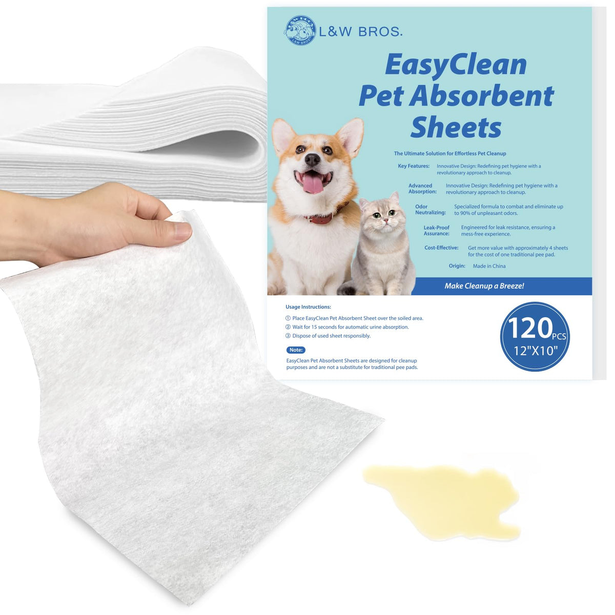 L&amp;W BROS Easy Clean Pet Sheets packaging highlights convenience and value.