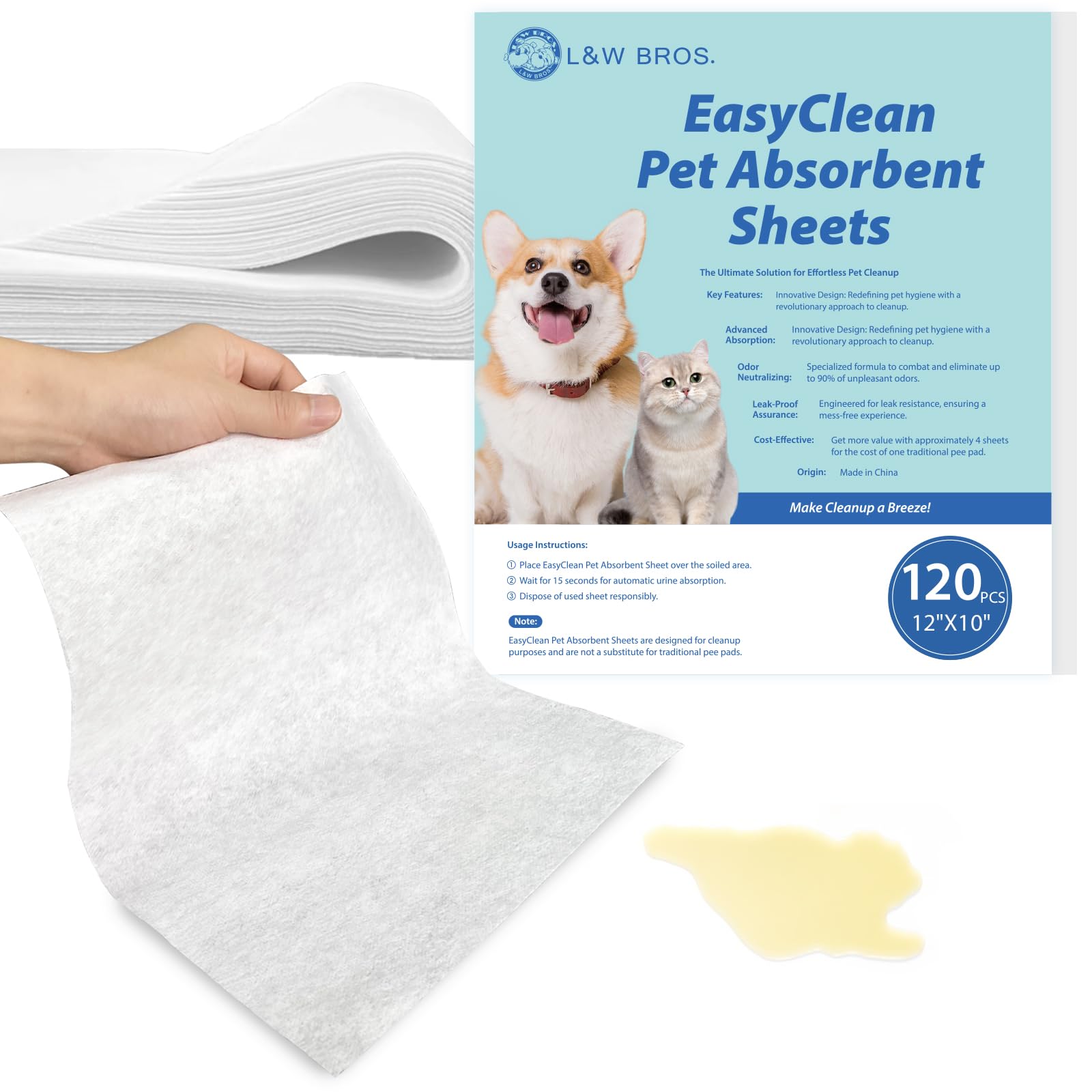 L&W BROS Easy Clean sheets overview for quick, mess-free pet cleanup on hard floors.