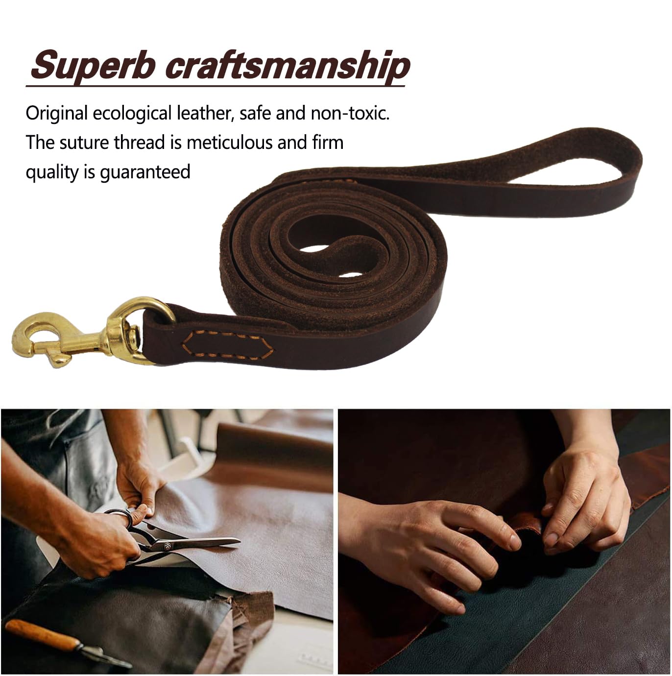 LWBMG braided leather leash close-up—strong seams and premium leather feel.