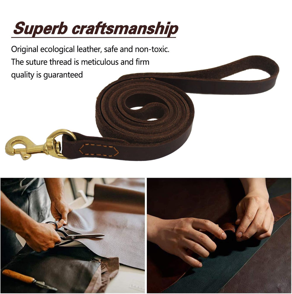 LWBMG braided leather leash close-up—strong seams and premium leather feel.