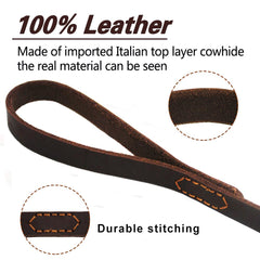 LWBMG leather dog leash 6ft close-up stitching—premium construction for reliable training sessions.