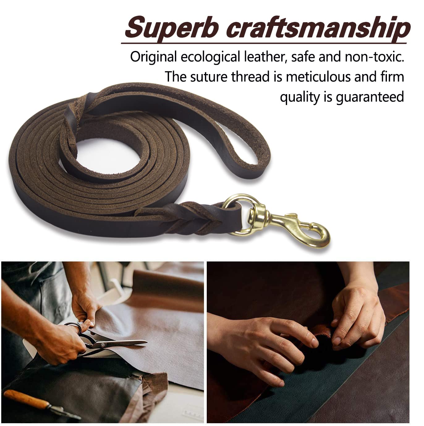 LWBMG leather dog leash 8ft heavy duty stitch proves durability under strong pulls.