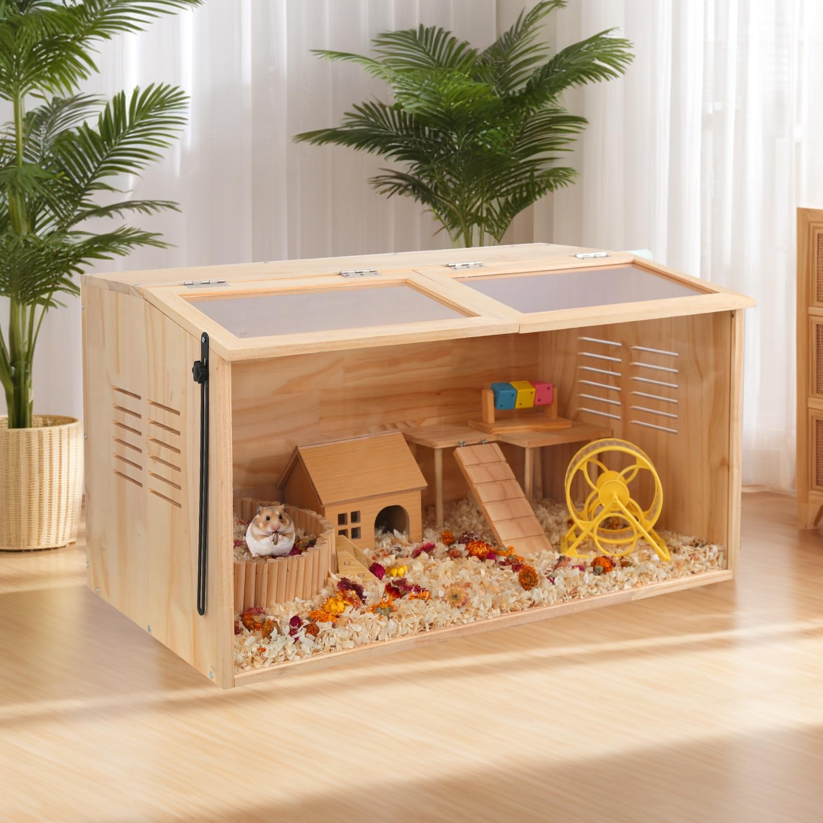 LWYMX wooden hamster cage in-use illustrates a spacious habitat with activity options.