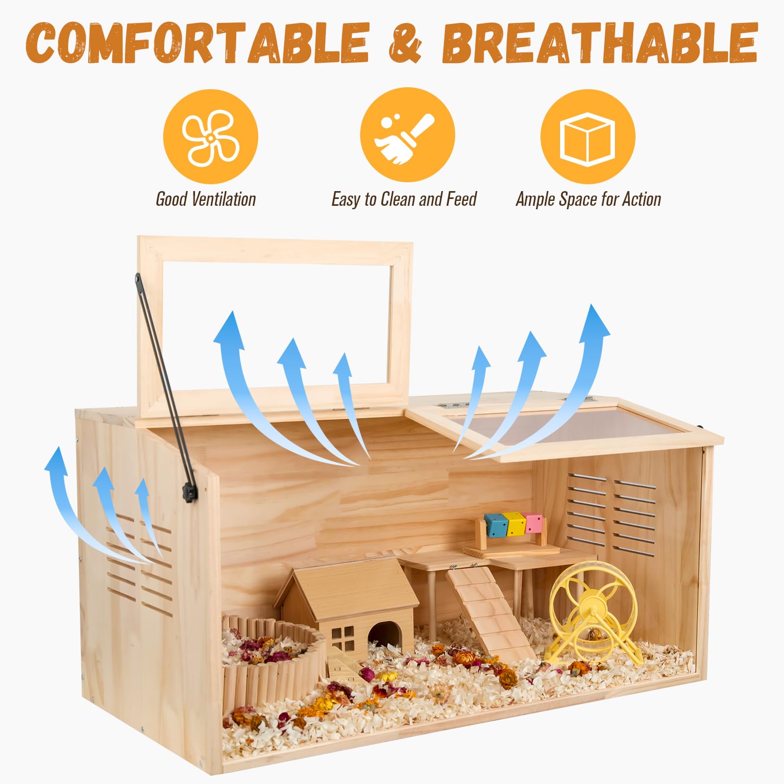 LWYMX wooden hamster cage tilting-door enables tool-free cleaning access.