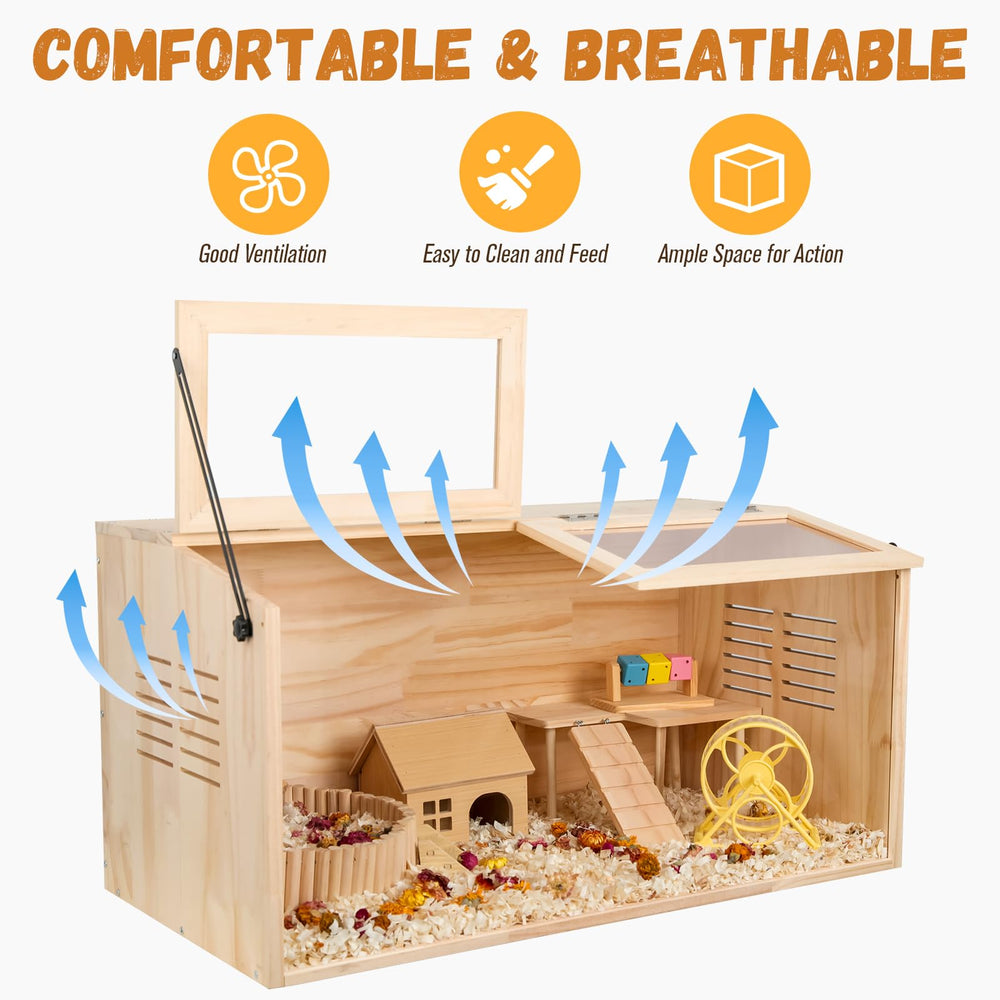 LWYMX wooden hamster cage tilting-door enables tool-free cleaning access.