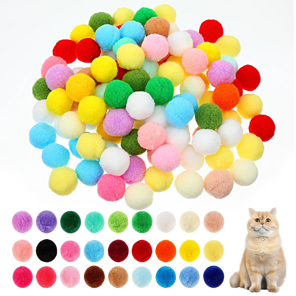 LXUEJIE Pom Poms packaging with 100 colorful cat balls offers quiet play for curious kittens.
