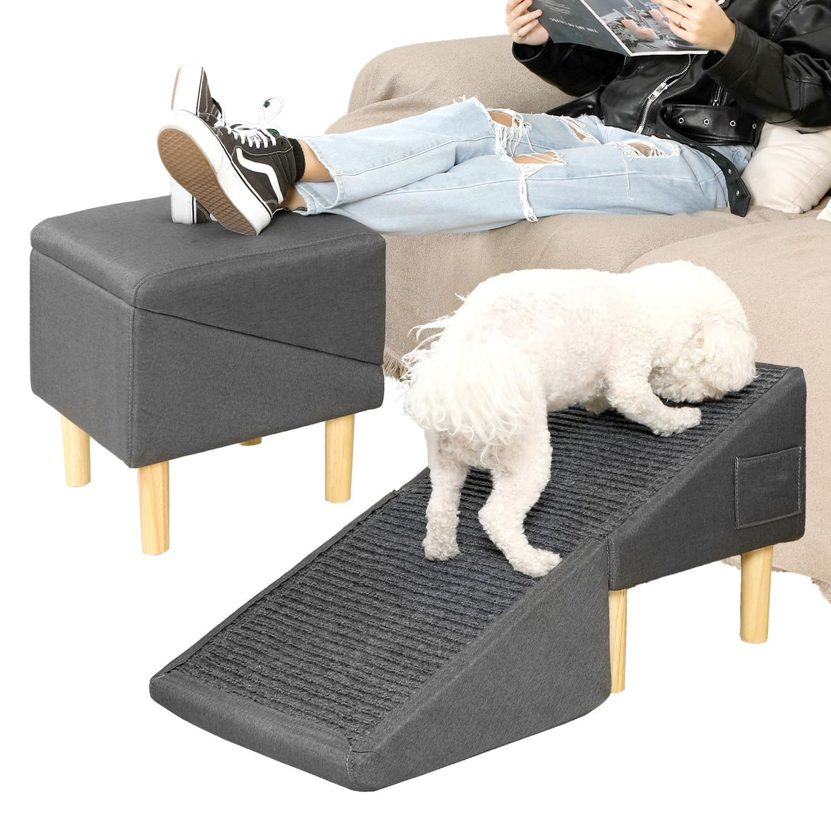 LY YJPDZSW dog ramp couch front view highlights sturdy wood frame for durable access.