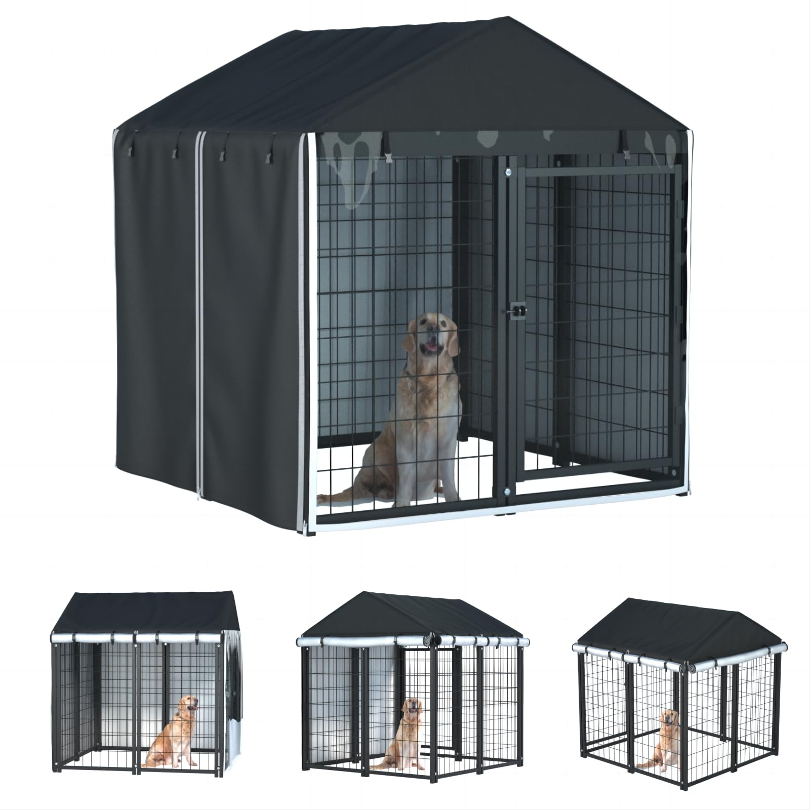 LYBOSH Outdoor Dog Kennel Cover front view with full-coverage protection against wind and rain.