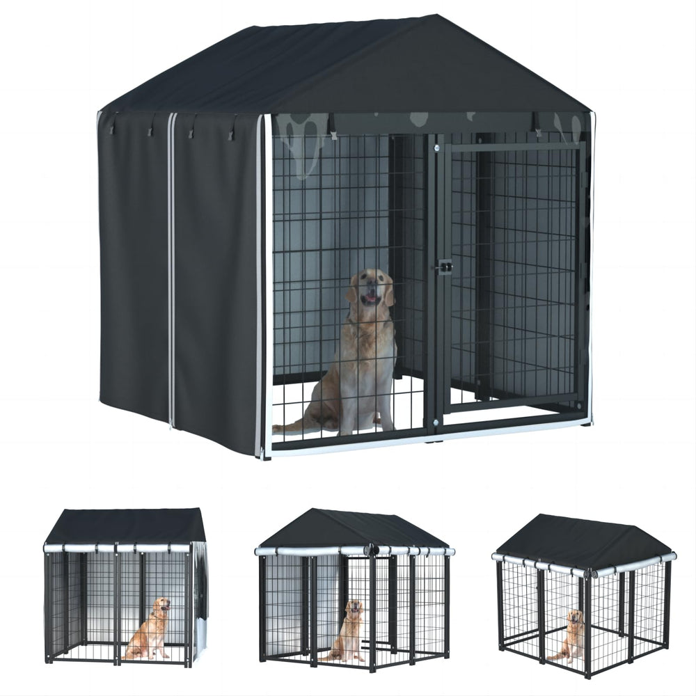 LYBOSH Outdoor Dog Kennel Cover front view with full-coverage protection against wind and rain.