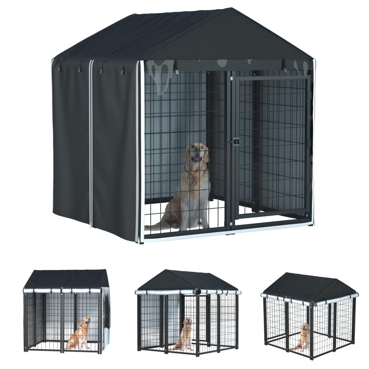 LYBOSH Outdoor Dog Kennel Cover front view with full-coverage protection against wind and rain.