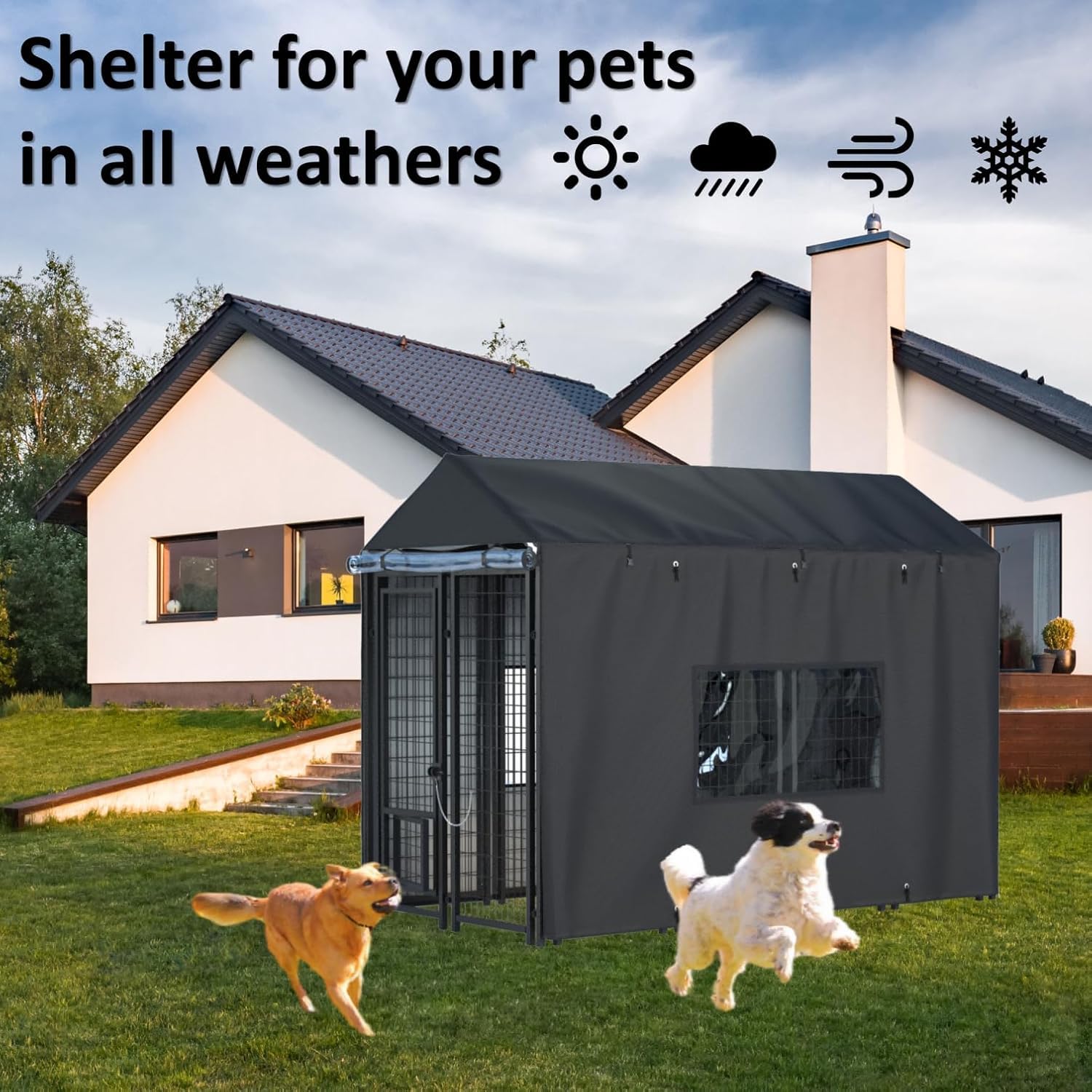 LYBOSH outdoor kennel cover easy install shot demonstrates quick setup and secure fit.