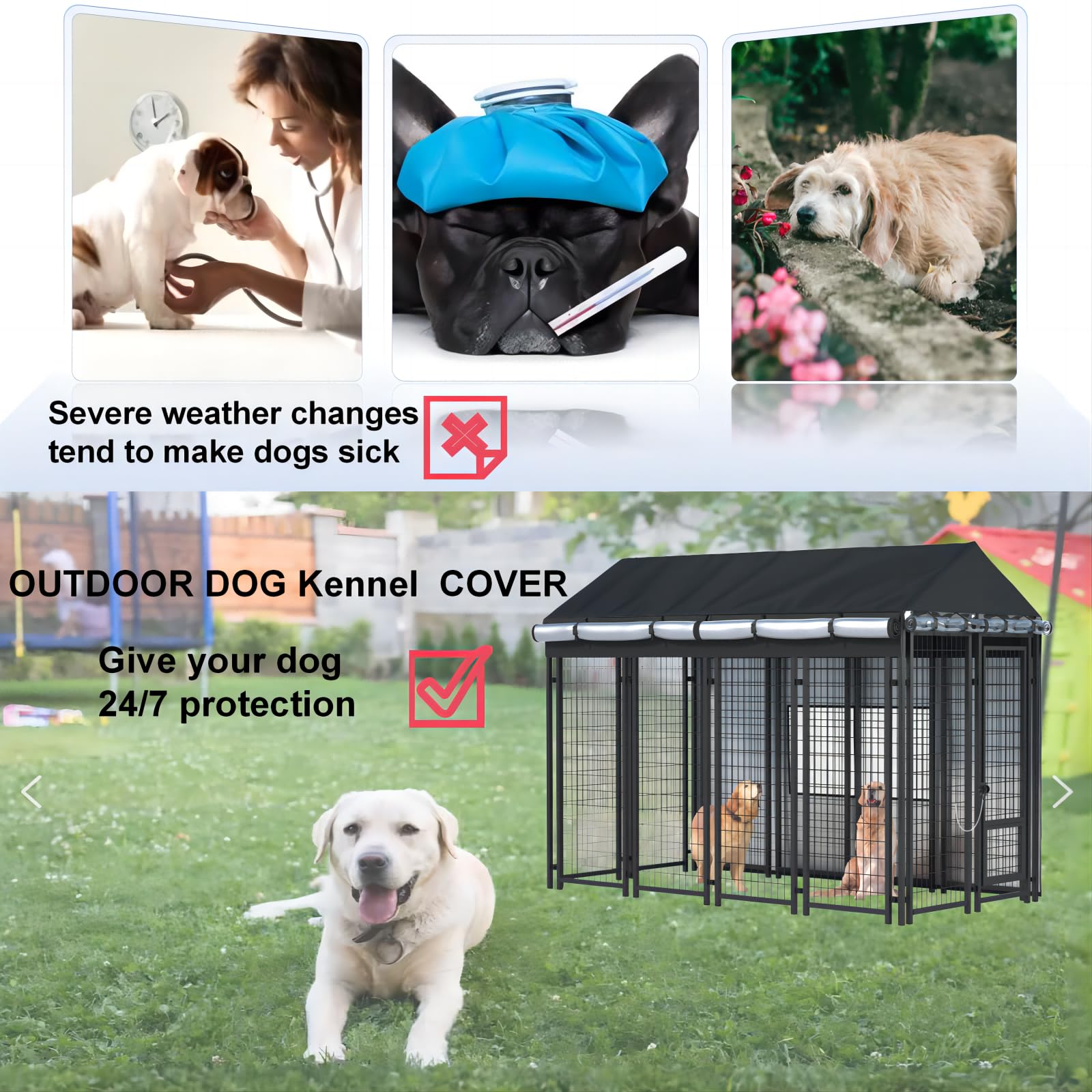 LYBOSH Outdoor Kennel Cover fabric detail highlights 600D waterproof durability.