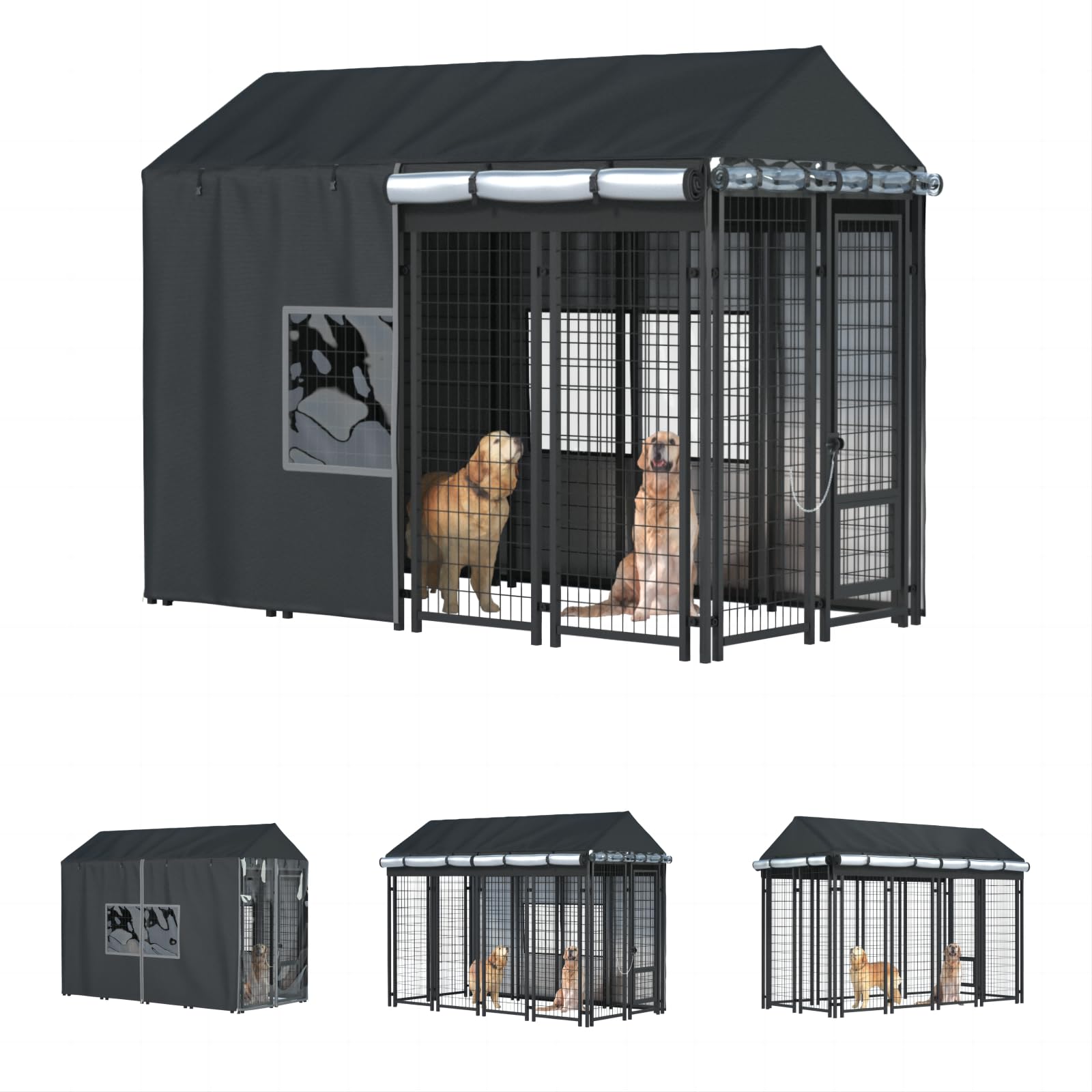 LYBOSH Outdoor Kennel Cover front view demonstrates full protection against wind and rain.
