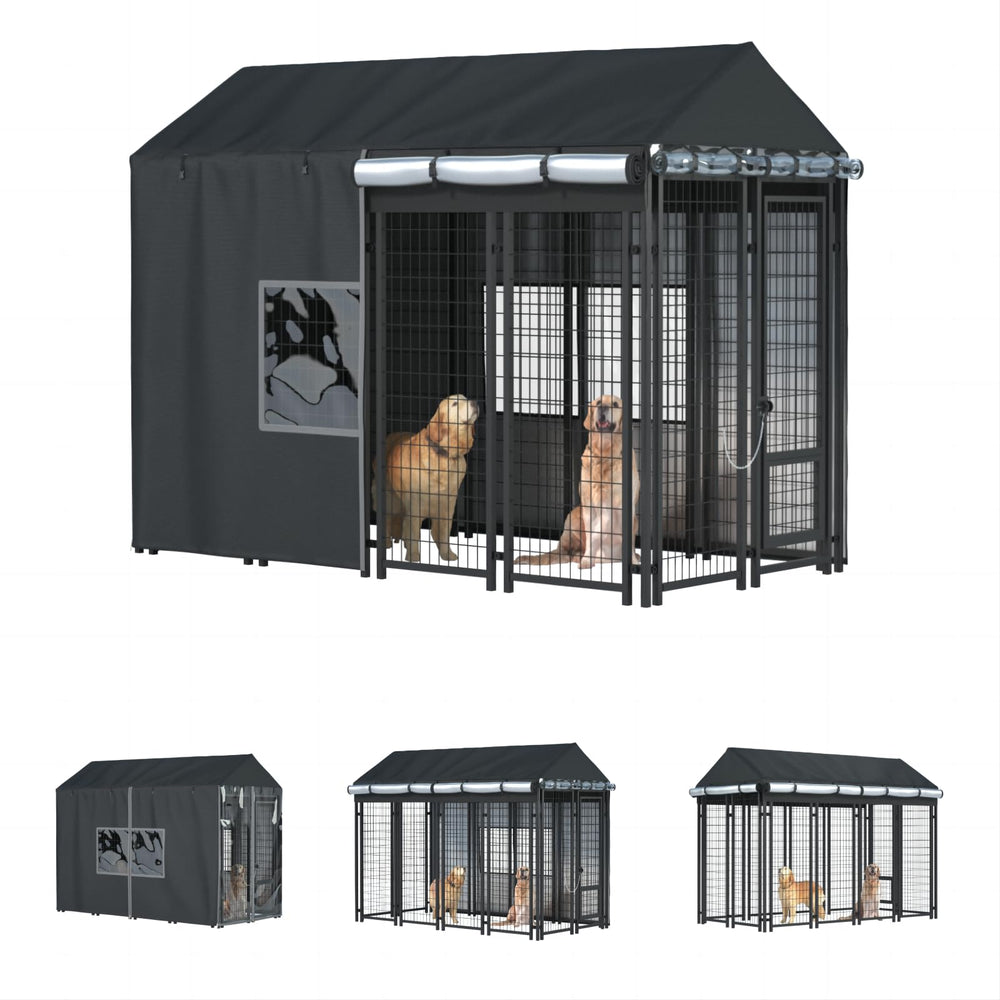 LYBOSH Outdoor Kennel Cover front view demonstrates full protection against wind and rain.