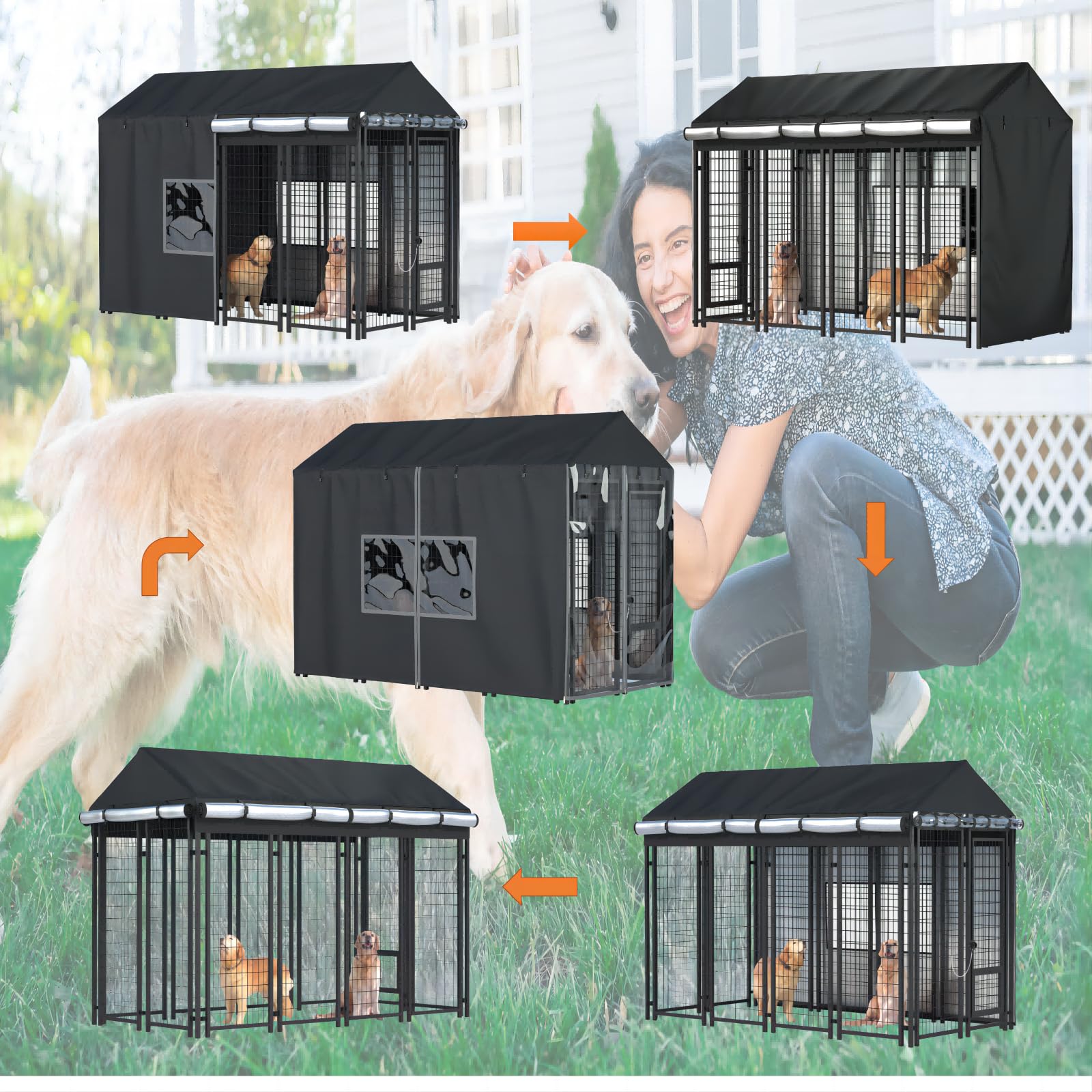 LYBOSH Outdoor Kennel Cover installed securely against wind with eyelets and cords.