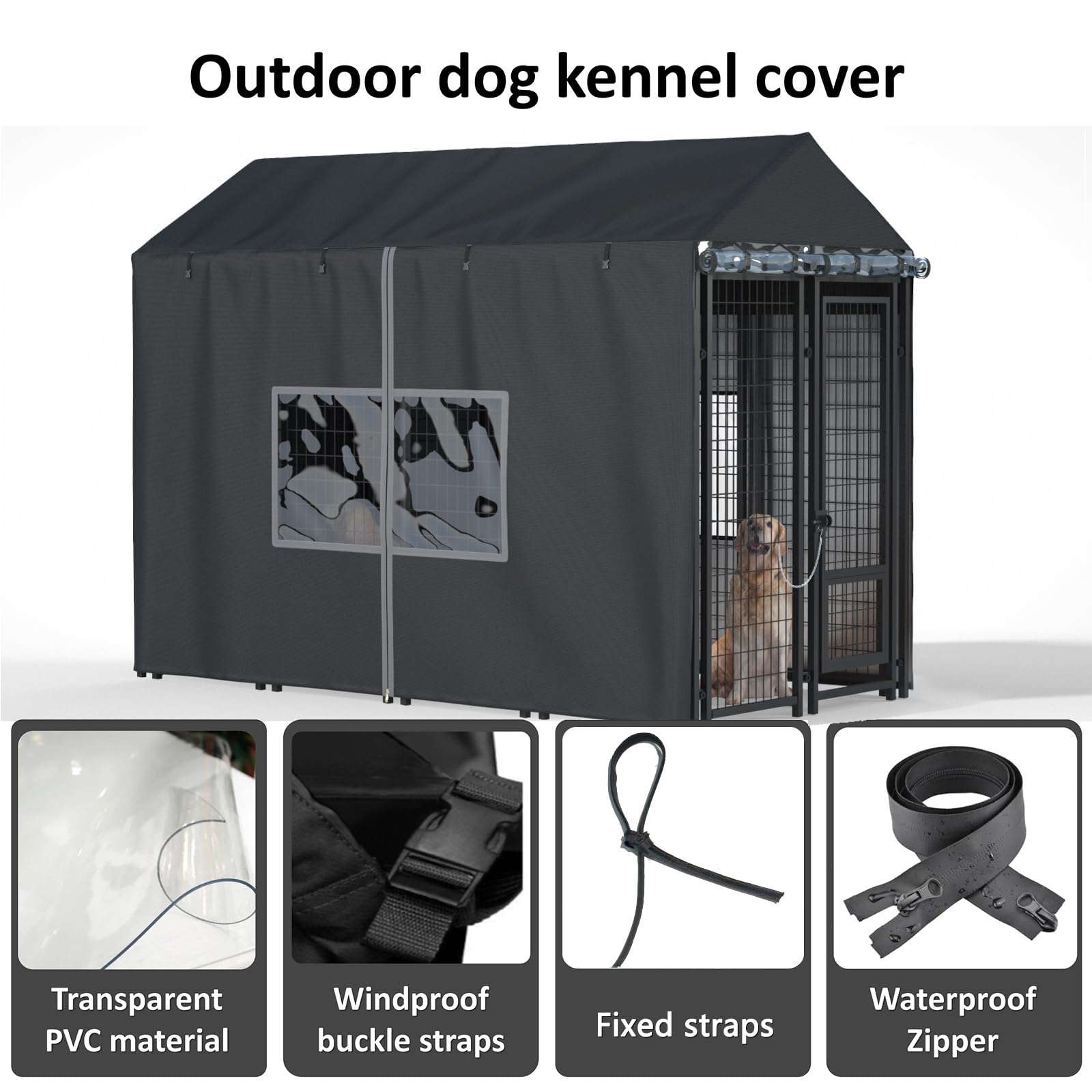 LYBOSH Outdoor Kennel Cover rolled-up side for easy pet interaction.