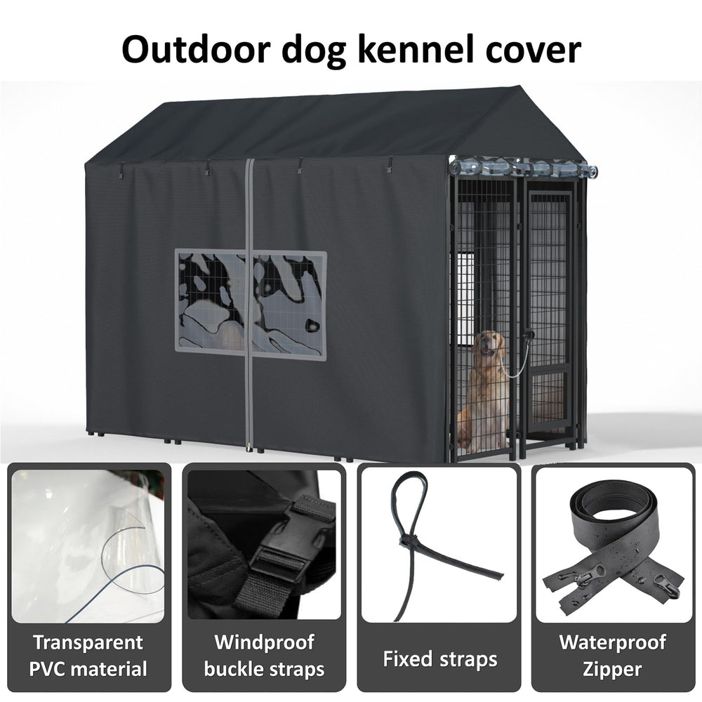 LYBOSH Outdoor Kennel Cover rolled-up side for easy pet interaction.