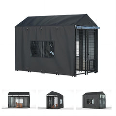 LYBOSH outdoor kennel cover side view shows full-coverage protection from wind and rain.