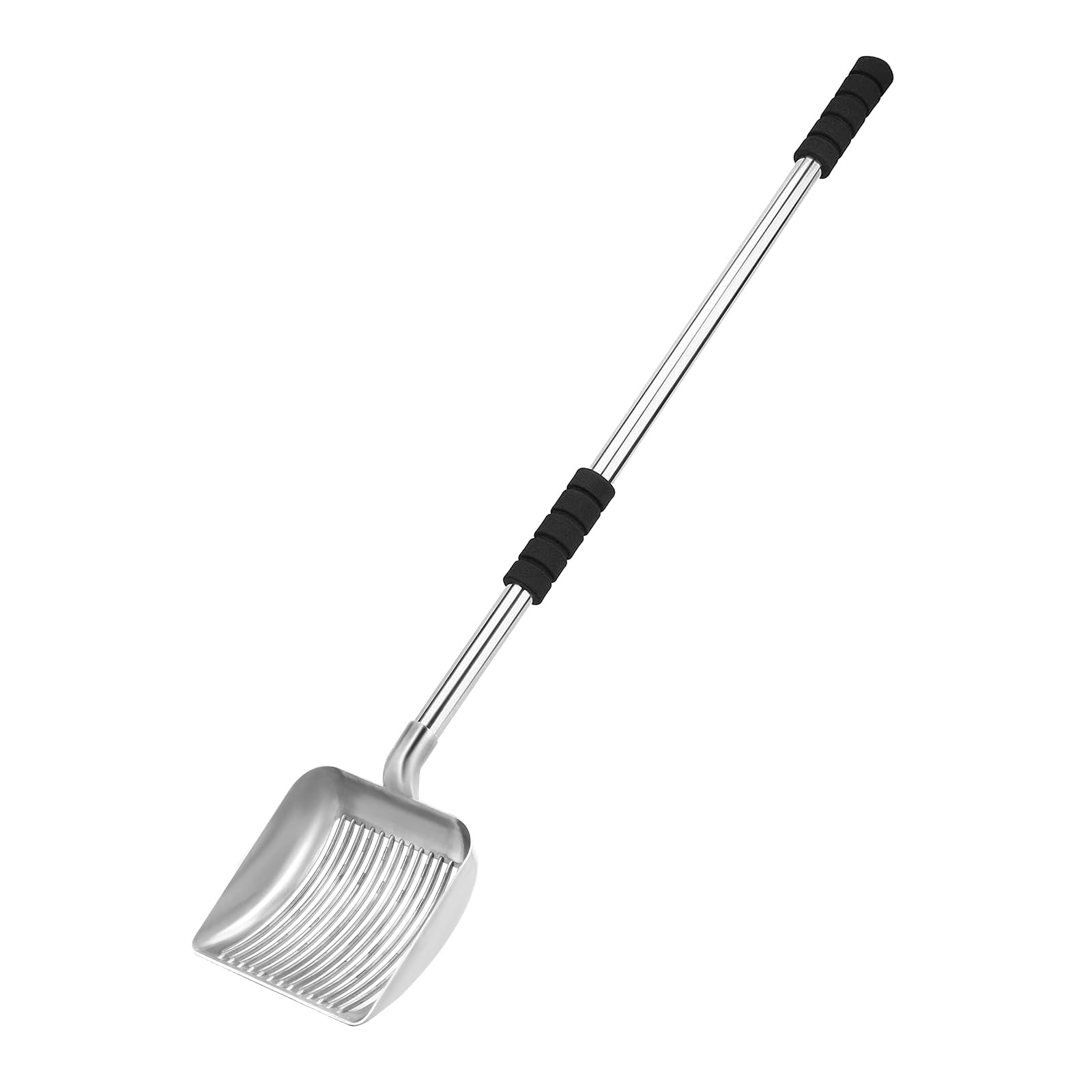 LYCC metal cat litter scoop with 32-inch extended handle for easy standing cleanup.