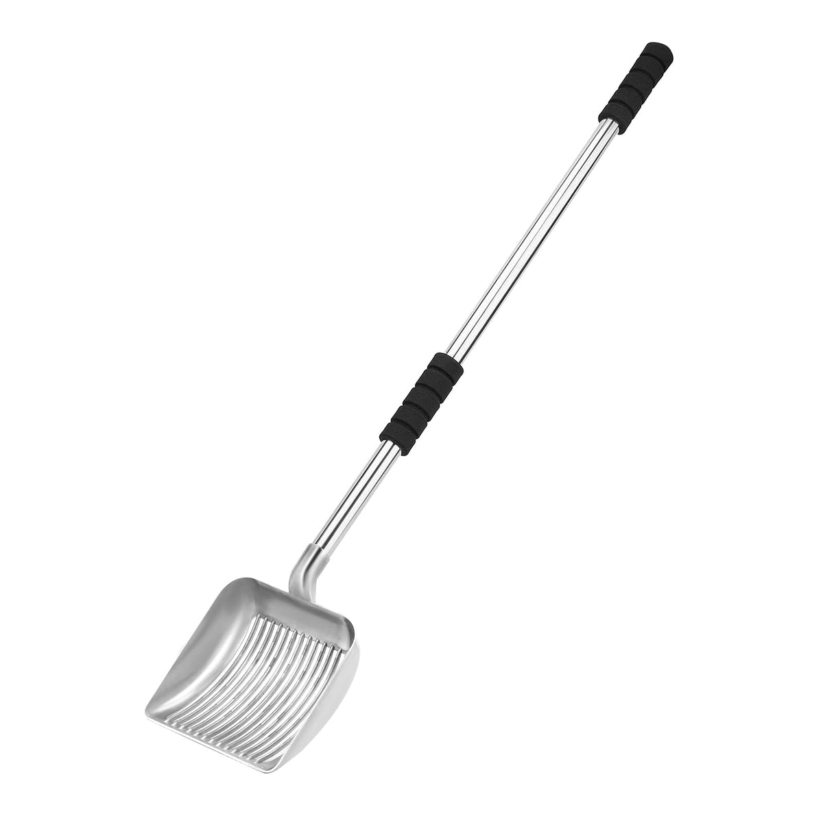 LYCC metal cat litter scoop with 32-inch extended handle for easy standing cleanup.