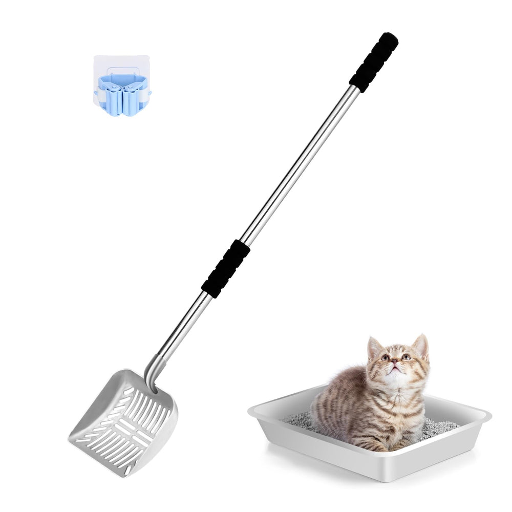 LYCC metal cat litter scoop with 32-inch long handle for reduced bending during cleaning.