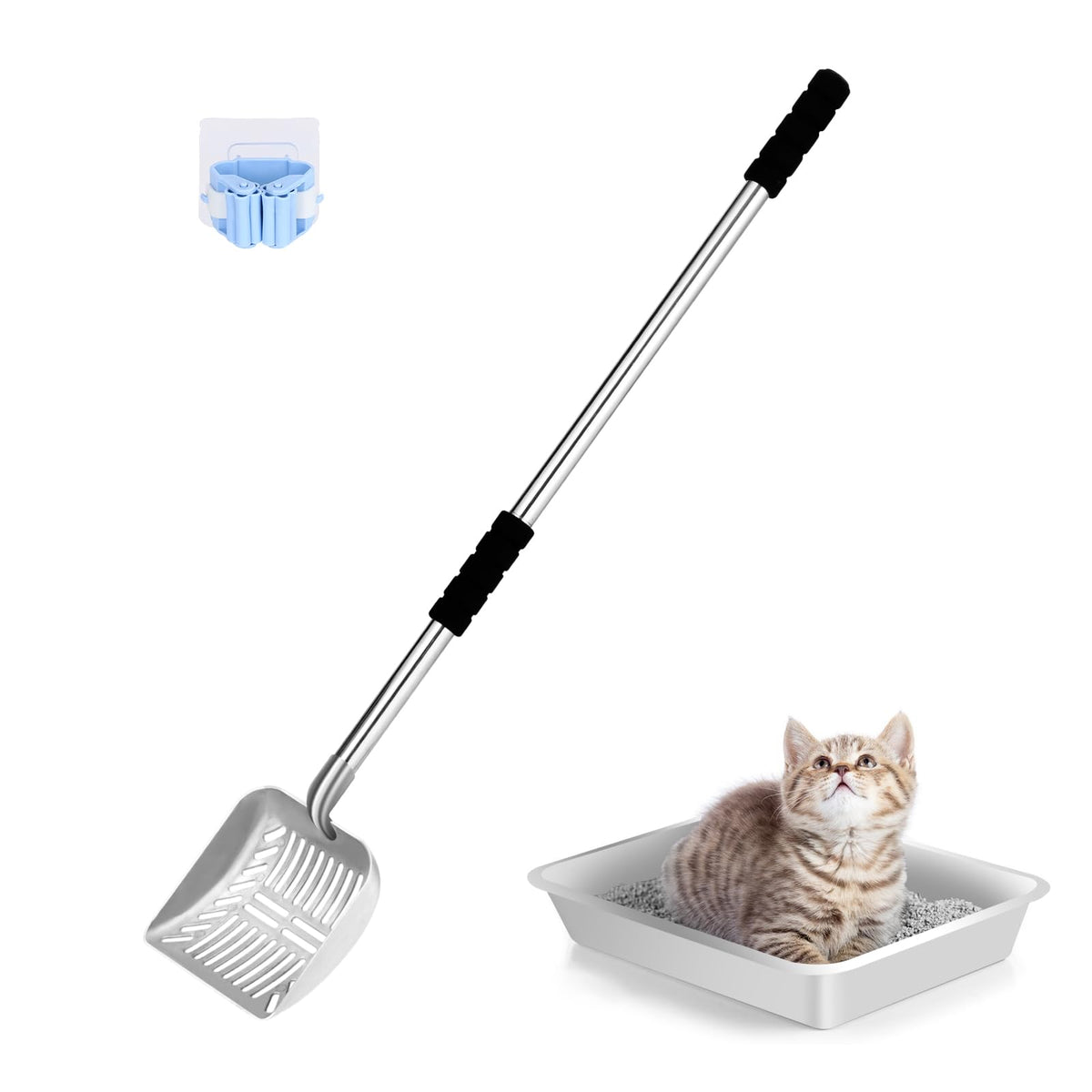 LYCC metal cat litter scoop with 32-inch long handle for reduced bending during cleaning.