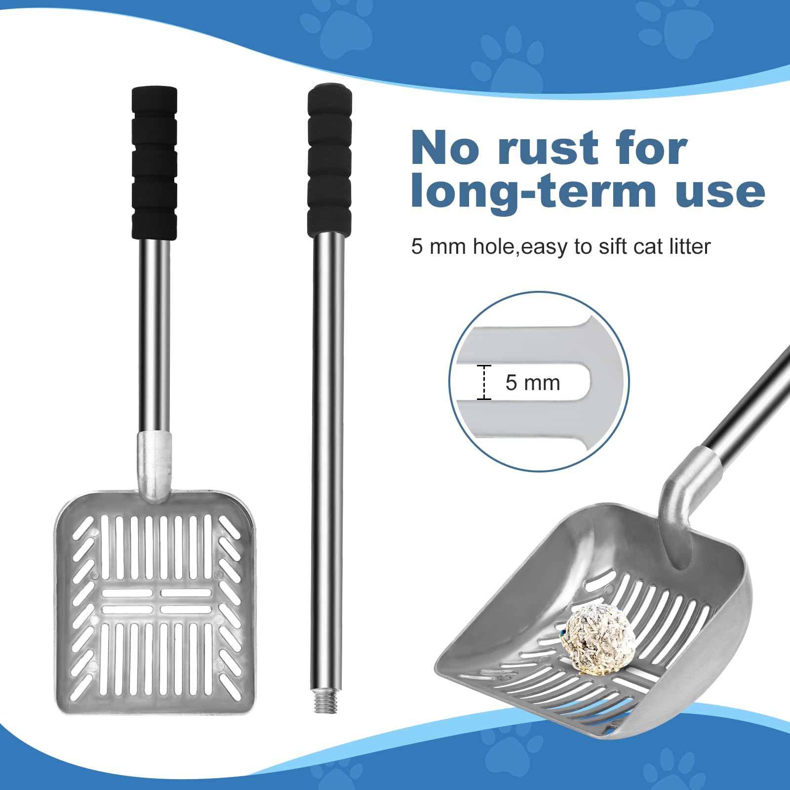 LYCC metal cat litter scoop with removable stainless-steel pole for flexible use.