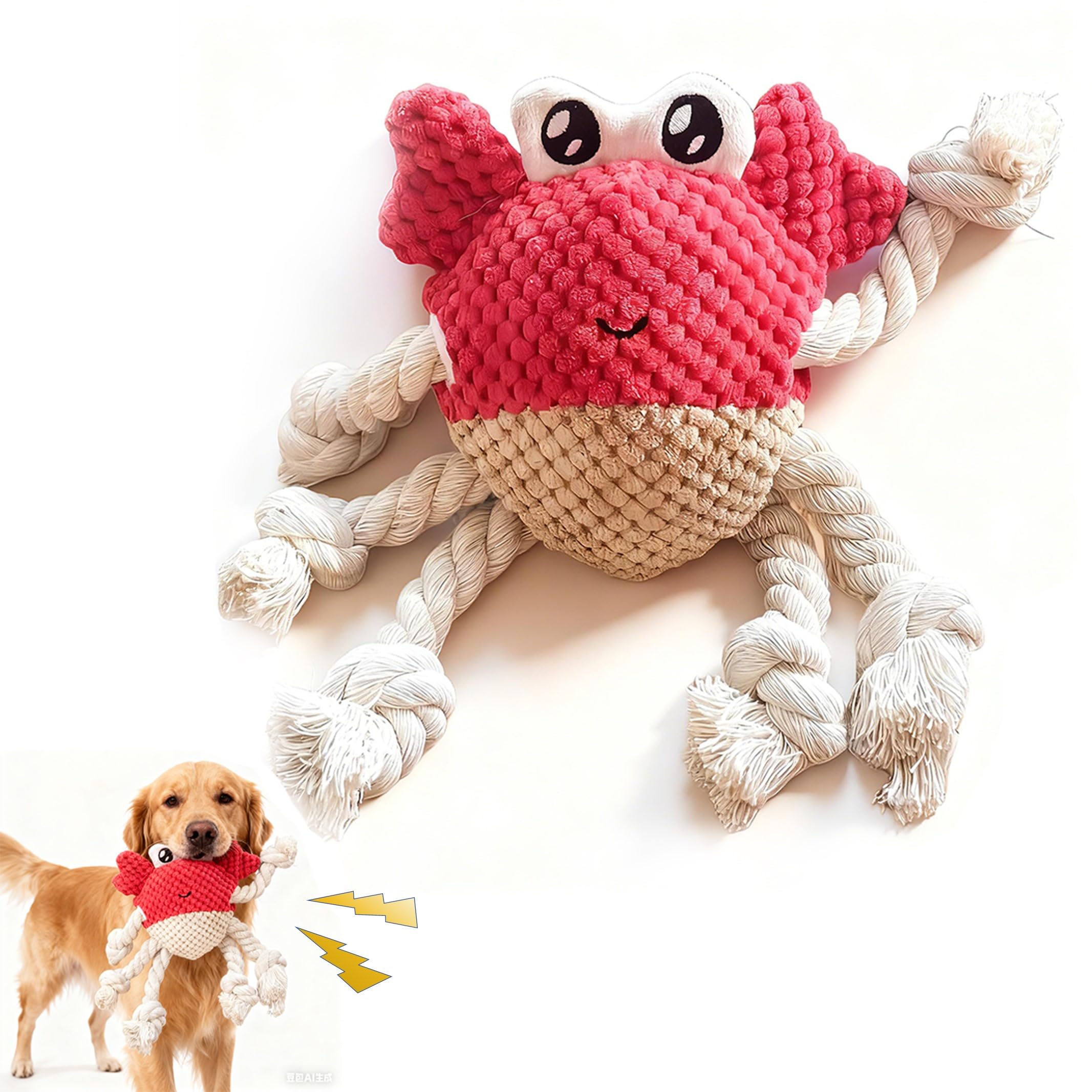 LydaPKS Squeaky Crab Dog Toy with Rope Legs offers interactive play and dental-friendly texture.