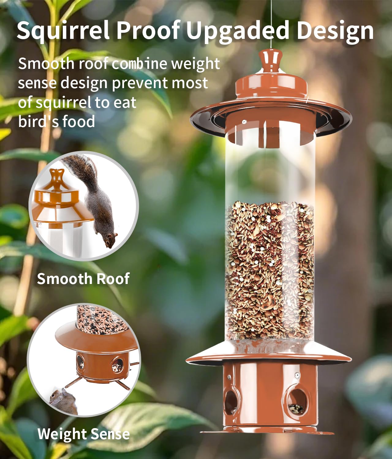 LYKENTOR gravity-sense bottom angle highlights squirrel-deterrent design at feeder base.
