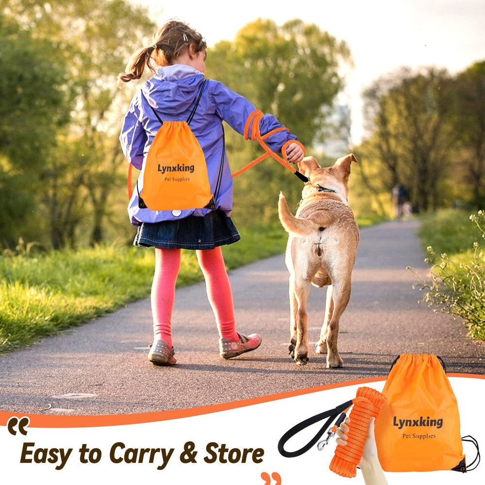 Lynxking Check Cord Leash 30ft orange demonstrates long-lead training with easy tracking