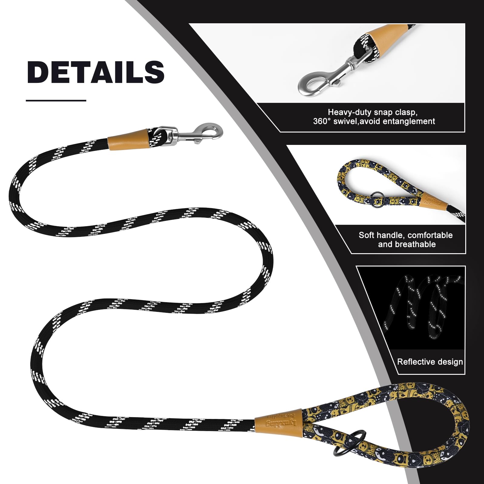Lynxking Rope Dog Leash with reflective threads for safer night walks.