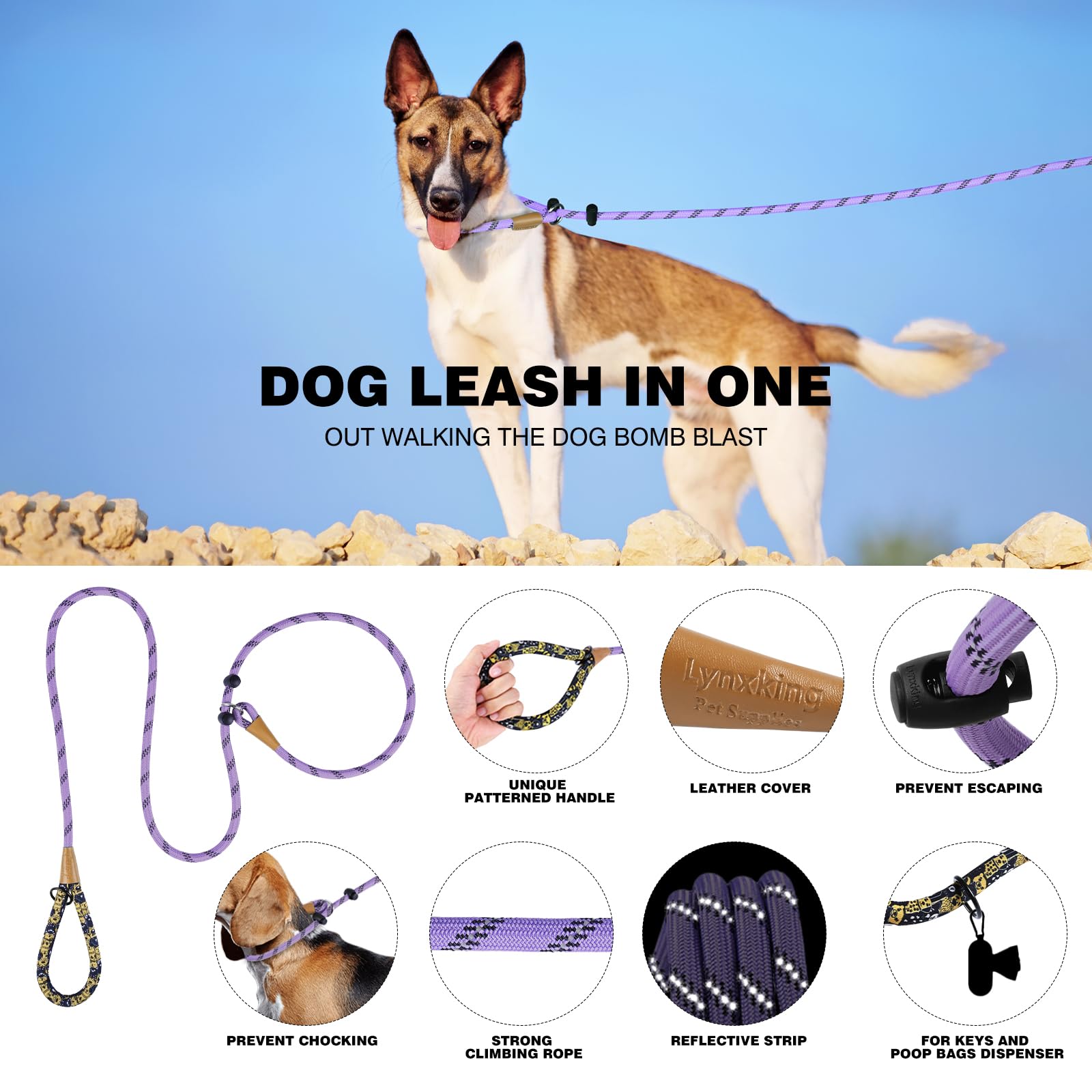 Lynxking slip lead with reflective night-walk strips