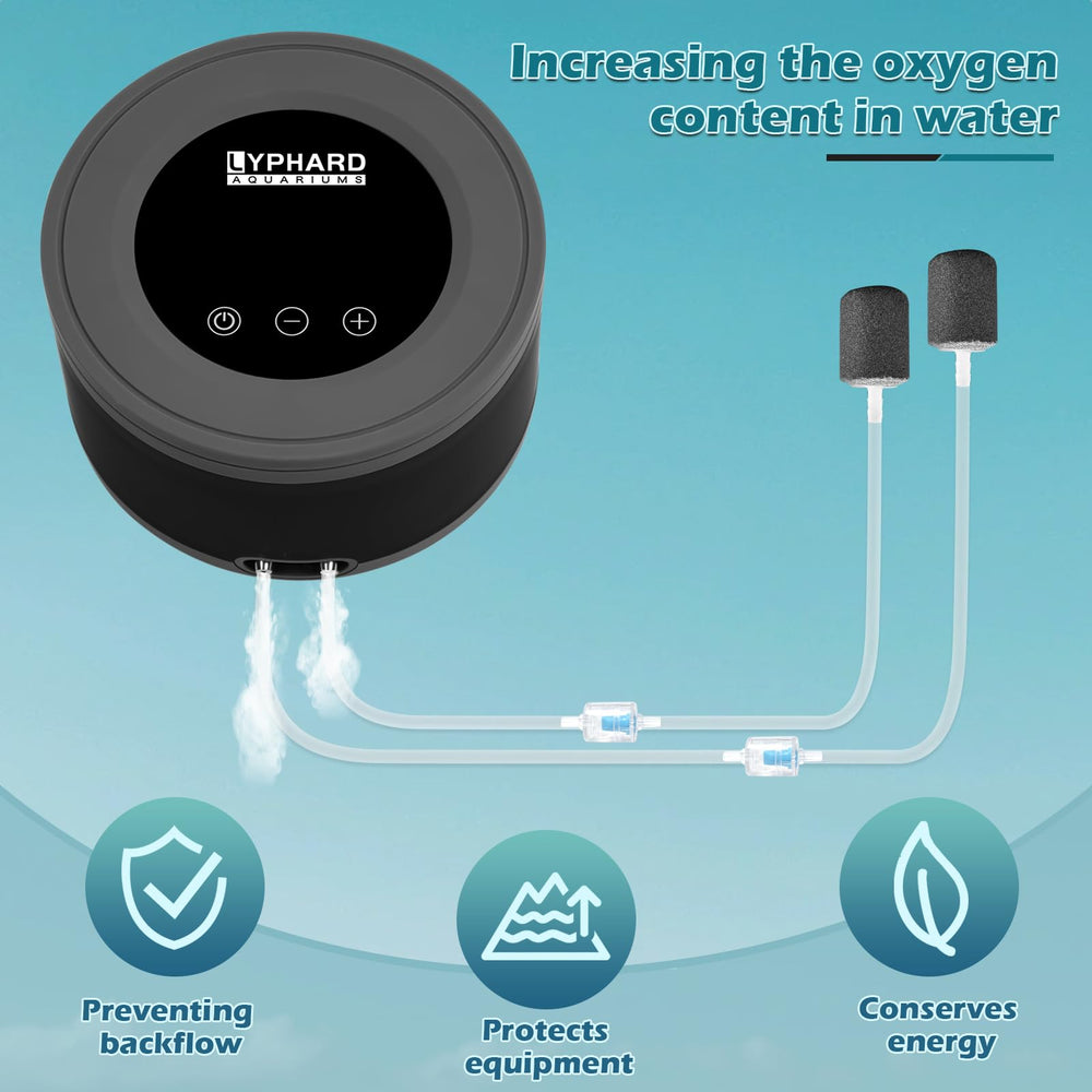 Lyphard Aquariums aquarium air pump with LCD control enables precise airflow adjustments.