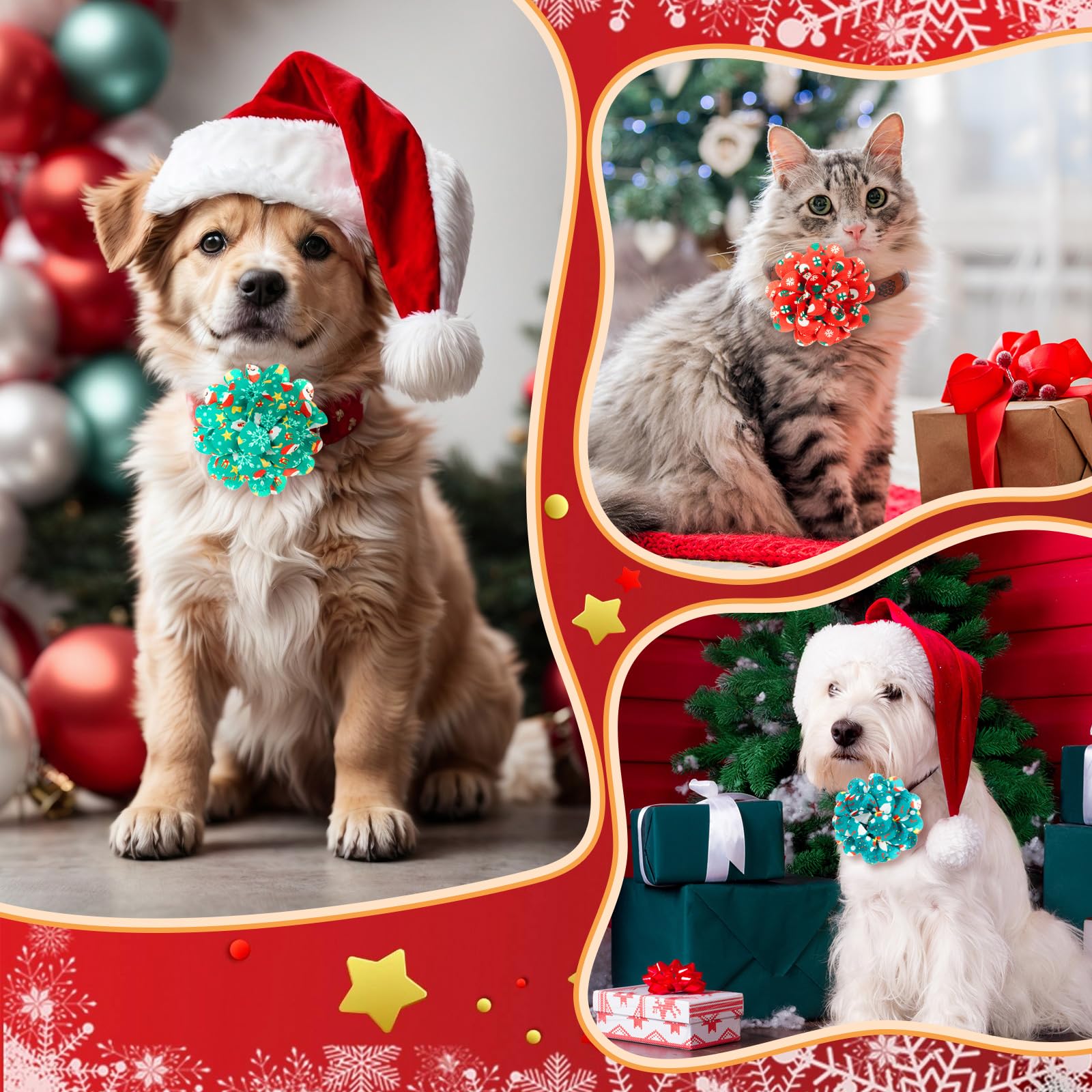 Lyrow Christmas dog collar flowers green and red bows offer versatile holiday styling.