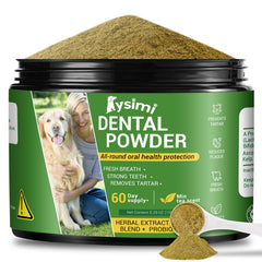 Lysimi dog dental powder bottle with mint formula for fresh breath support