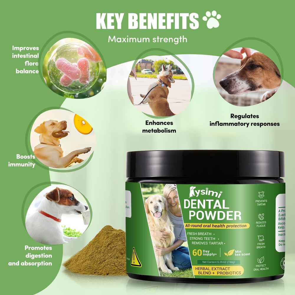 Lysimi dog dental powder being stirred into dog food during mealtime