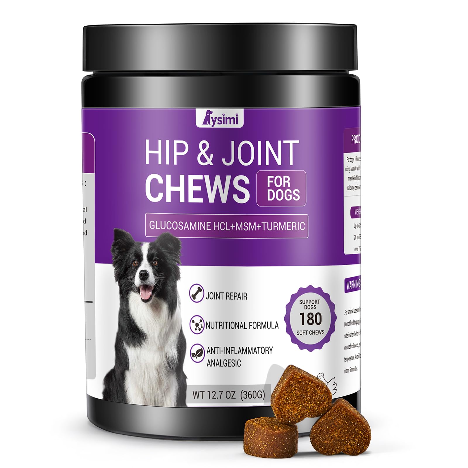 Lysimi dog joint supplement bottle front showing easy daily hip support for aging dogs.